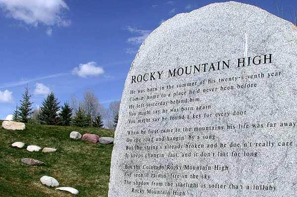 The memorial of John Denver's death, inscribed lyrics to the song "Rocky Mountain High" in Rio Grande Park in Aspen, Colorado. 
