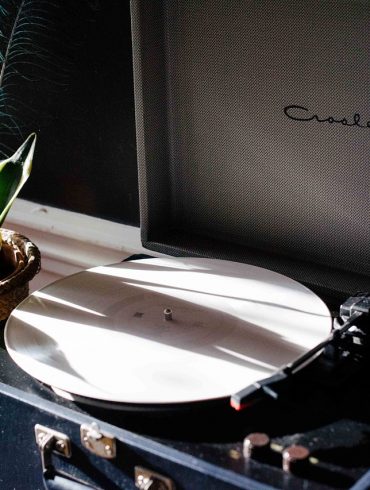 Portable Record Player on a desk.