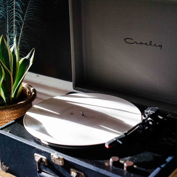 Portable Record Player on a desk.