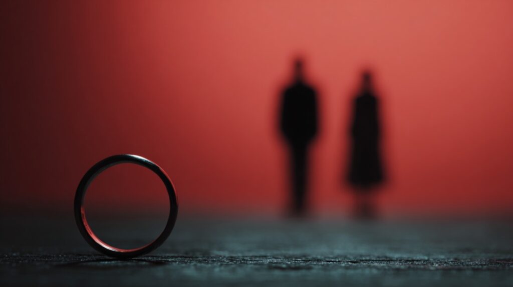 Heidi Berry-Henderson - The Story of Halle Berry’s Sister A wedding ring on the ground with two blurred figures in the background, symbolizing separation or divorce