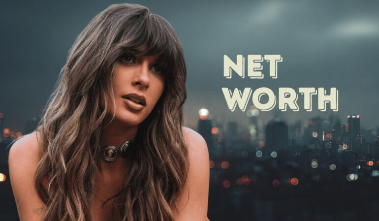 A woman with long wavy hair in front of a blurred city skyline at night, with the words “Net Worth” beside her
