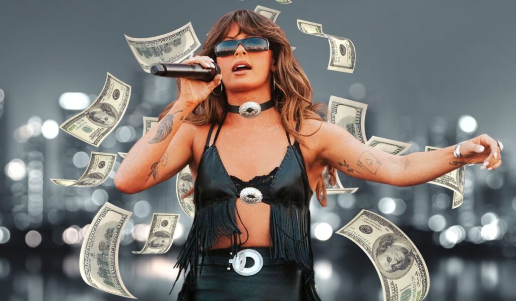 A woman performing with a microphone, wearing sunglasses and a black outfit, surrounded by floating dollar bills against a blurred city backdrop