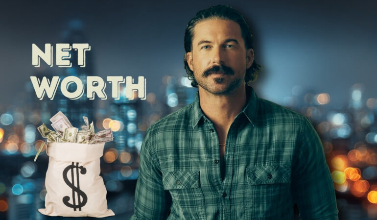 Riley Green standing in front of city lights with “Net Worth” text and a money bag graphic