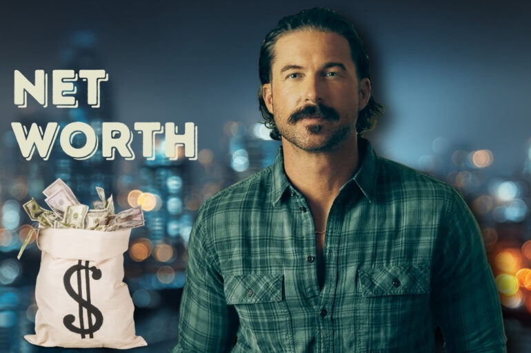 Riley Green standing in front of city lights with “Net Worth” text and a money bag graphic