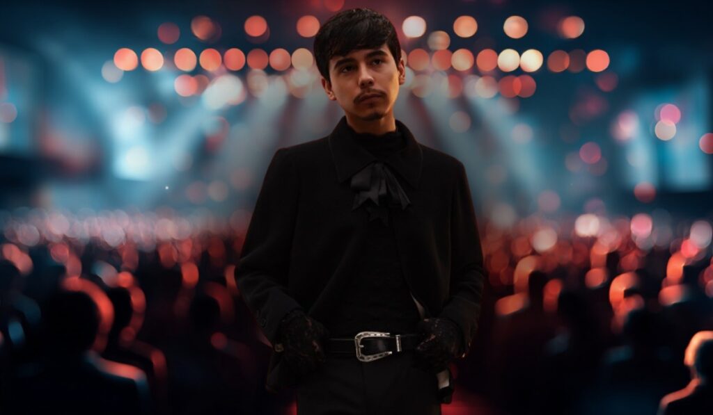 Ivan Cornejo Bio: Height, Age, Real Name, Parents & Net Worth (2025) Young man in black attire standing confidently with a blurred audience and concert lights in the background
