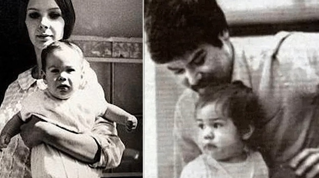 Black-and-white photos of a young Keanu Reeves as a baby: on the left, held by his mother, and on the right, sitting with his father