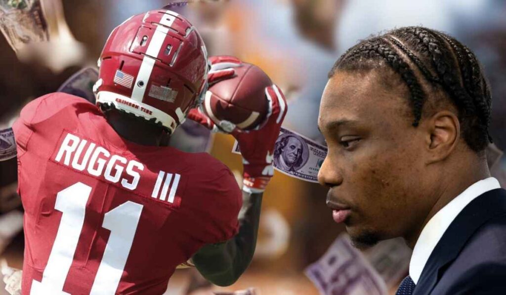 Henry Ruggs' Net Worth in 2025 - How His Prison Sentence Changed Everything Split image of Henry Ruggs: one side in his Alabama football uniform catching a ball, the other in a suit, with dollar bills in the background