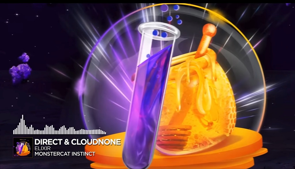How Monstercat Turned Bedroom Producers Into EDM Stars Colorful Monstercat music visualizer featuring a glowing honeycomb and a test tube with purple liquid, promoting the track “Elixir” by Direct & CloudNone