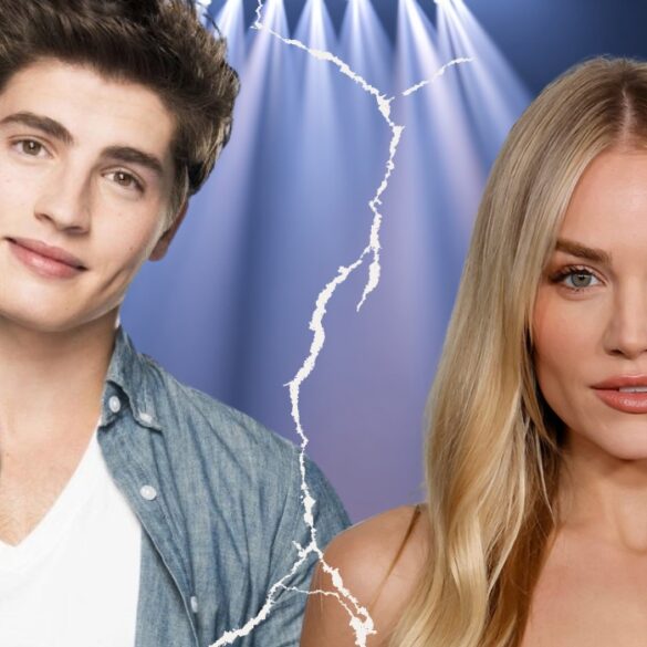 Split photo of Michelle Randolph and Gregg Sulkin with a torn line between them