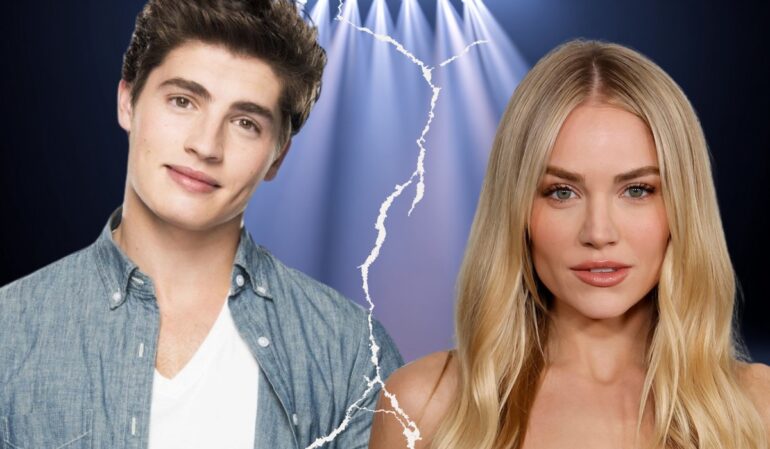 Split photo of Michelle Randolph and Gregg Sulkin with a torn line between them