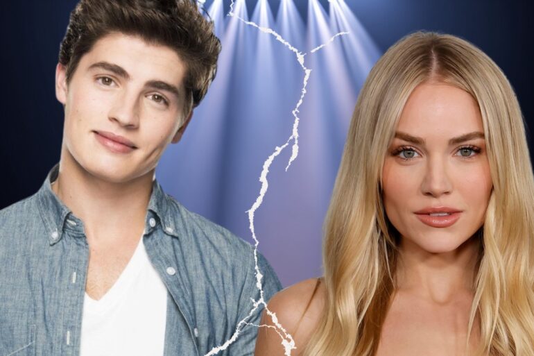 Split photo of Michelle Randolph and Gregg Sulkin with a torn line between them