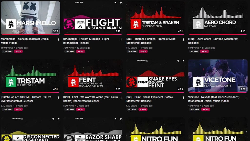 How Monstercat Turned Bedroom Producers Into EDM Stars Screenshot of Monstercat’s YouTube music releases showing artists like Marshmello, Tristam, Feint, Aero Chord, and Vicetone with their signature visualizers