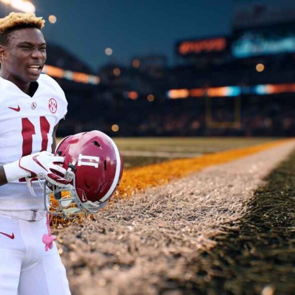 Henry Ruggs in an Alabama football uniform holding his helmet on the sideline of a stadium