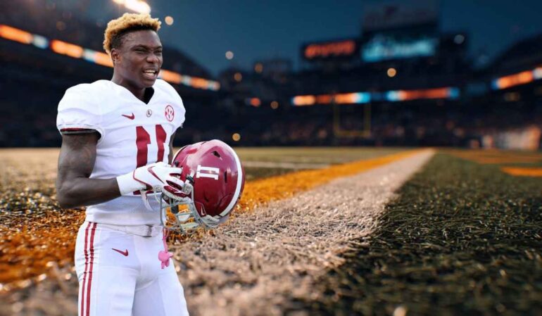 Henry Ruggs in an Alabama football uniform holding his helmet on the sideline of a stadium
