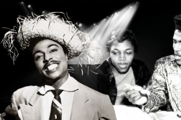 A black-and-white photo collage of Little Richard smiling in a straw hat alongside Ernestine Campbell and Richard in his performance attire