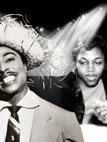 A black-and-white photo collage of Little Richard smiling in a straw hat alongside Ernestine Campbell and Richard in his performance attire