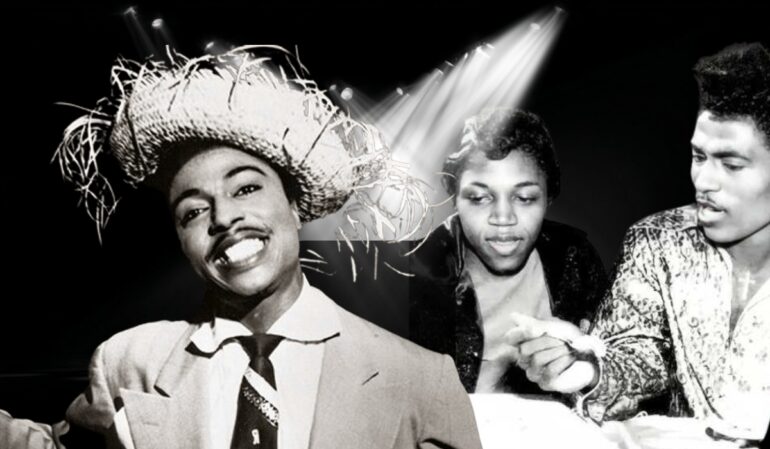 A black-and-white photo collage of Little Richard smiling in a straw hat alongside Ernestine Campbell and Richard in his performance attire