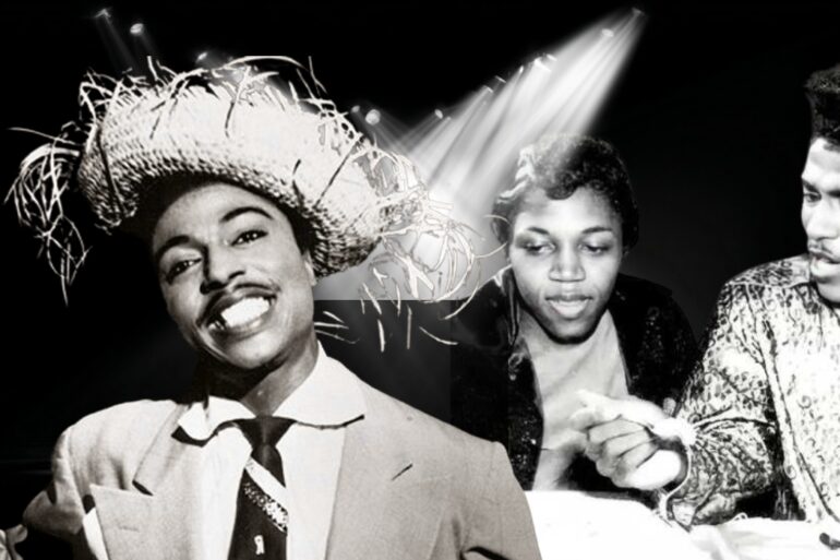 A black-and-white photo collage of Little Richard smiling in a straw hat alongside Ernestine Campbell and Richard in his performance attire