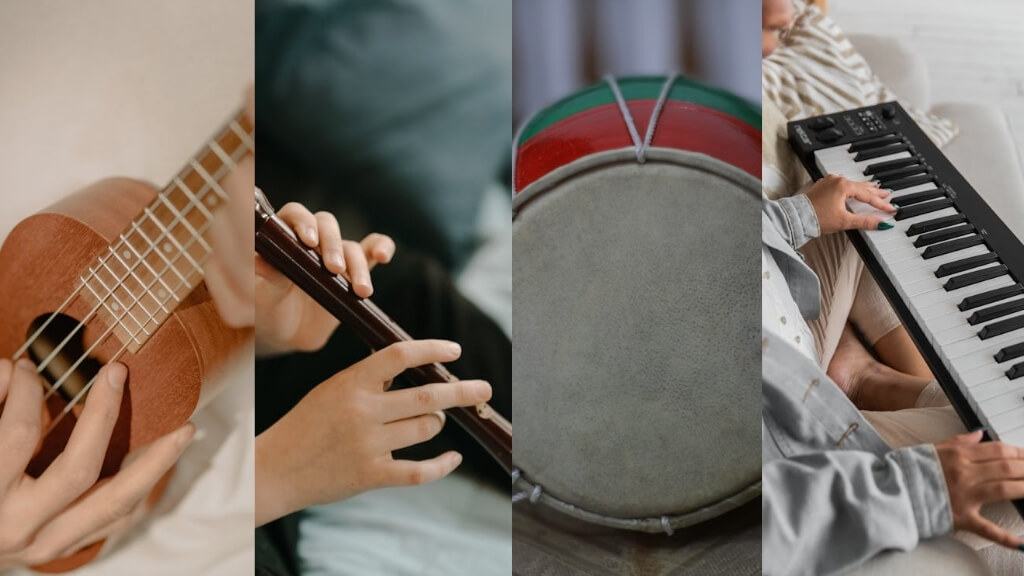 Close-up photos of beginner-friendly instruments including a ukulele, recorder, hand drum, and digital keyboard