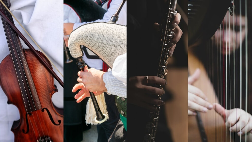 Photos of violin, bagpipes, clarinet, and harp showing instruments known for their challenging learning curve