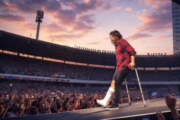 Dave Grohl on stage with crutches during a live concert
