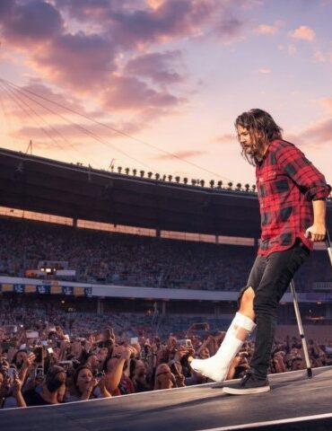 Dave Grohl on stage with crutches during a live concert