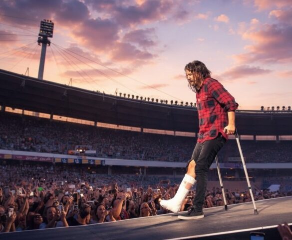 Dave Grohl on stage with crutches during a live concert
