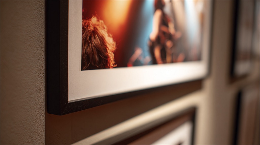 Close-up of a framed concert photograph on a gallery wall