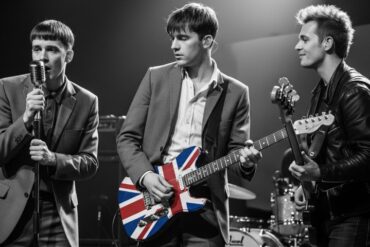 Three musicians perform on stage in suits. The singer holds a vintage mic, the guitarist plays a UK flag guitar