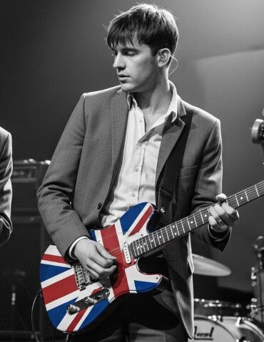 UK Britpop Bands That Shaped the 1990s, The Movement That Redefined British Music Three musicians perform on stage in suits. The singer holds a vintage mic, the guitarist plays a UK flag guitar