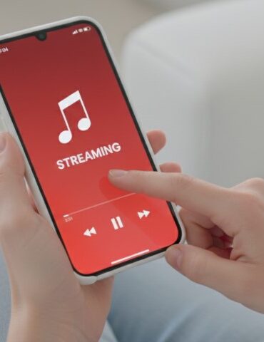 A person holding a smartphone with a red screen displaying a music note icon and the word "STREAMING."