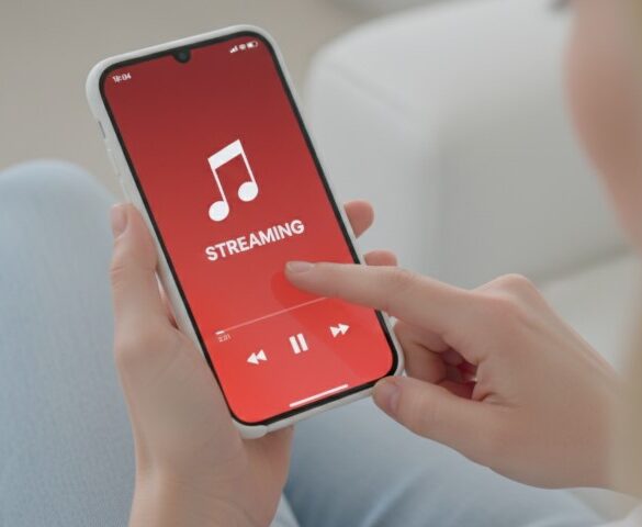 A person holding a smartphone with a red screen displaying a music note icon and the word "STREAMING."