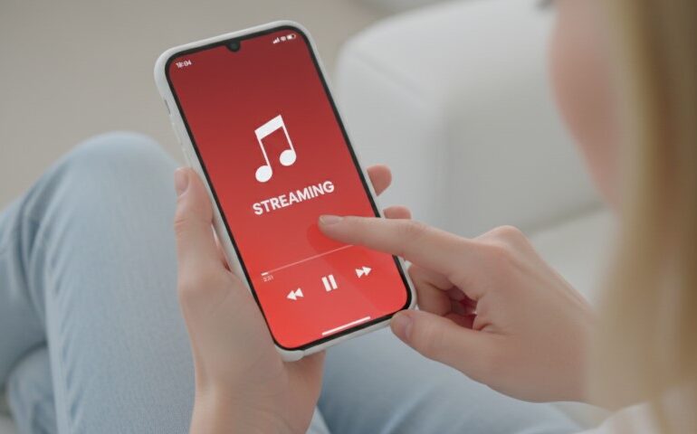 How Music Royalties Work in 2026: Streaming, Radio, Sync Licensing, Publishing Splits A person holding a smartphone with a red screen displaying a music note icon and the word "STREAMING."