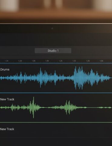 Close-up of a laptop screen displaying audio editing software, SUNO Studio