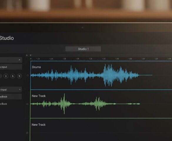 Close-up of a laptop screen displaying audio editing software, SUNO Studio