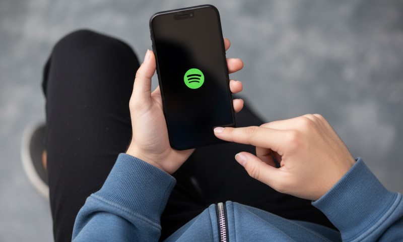 A person in a blue hoodie holds a smartphone displaying the Spotify logo