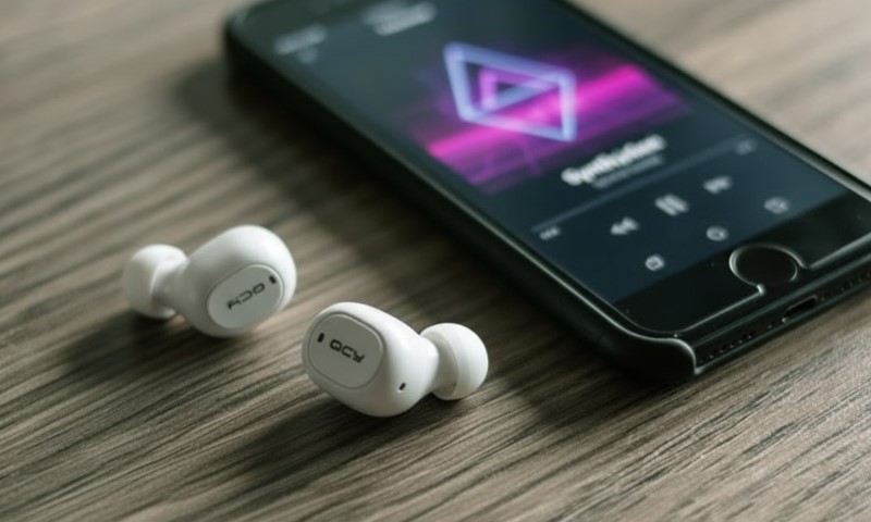 Close-up of white wireless earbuds beside a smartphone playing music