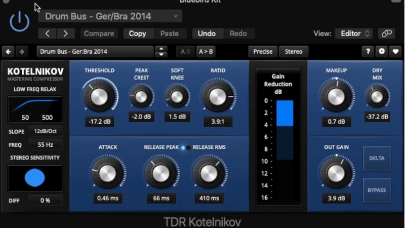 TDR Kotelnikov compressor interface open on a drum bus, showing clean compression settings for a rock mix