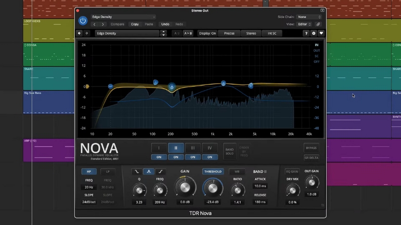 TDR Nova equalizer interface open inside a DAW, showing dynamic EQ controls for rock mixing