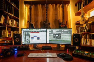 Best Free VST Plugins for Rock Producers - EQ, Compression, Amp Sims, Reverbs Home music studio setup with dual monitors, guitars, and mixing gear used with free VST plugins for rock production