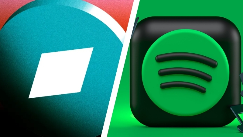 Bandcamp Vs Spotify For Indie Musicians - Revenue, Fan Data, Long-Term Strategy Split image showing the Bandcamp logo on one side and the Spotify logo on the other, highlighting revenue comparison