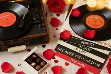 Turntable spinning vinyl records on a romantic table with red rose petals scattered around