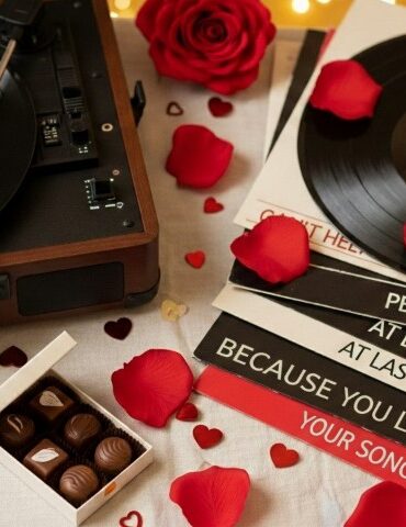 Turntable spinning vinyl records on a romantic table with red rose petals scattered around