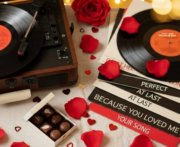 10 Best Love Songs to Add to Your Valentine’s Day Playlist Turntable spinning vinyl records on a romantic table with red rose petals scattered around