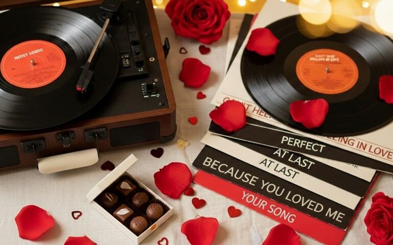 10 Best Love Songs to Add to Your Valentine’s Day Playlist Turntable spinning vinyl records on a romantic table with red rose petals scattered around