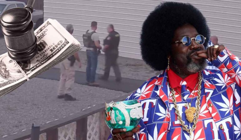 Afroman Wins Lawsuit Against Police After Viral Raid Music Videos Afroman holding a decorated cup with police scene and money imagery in the background