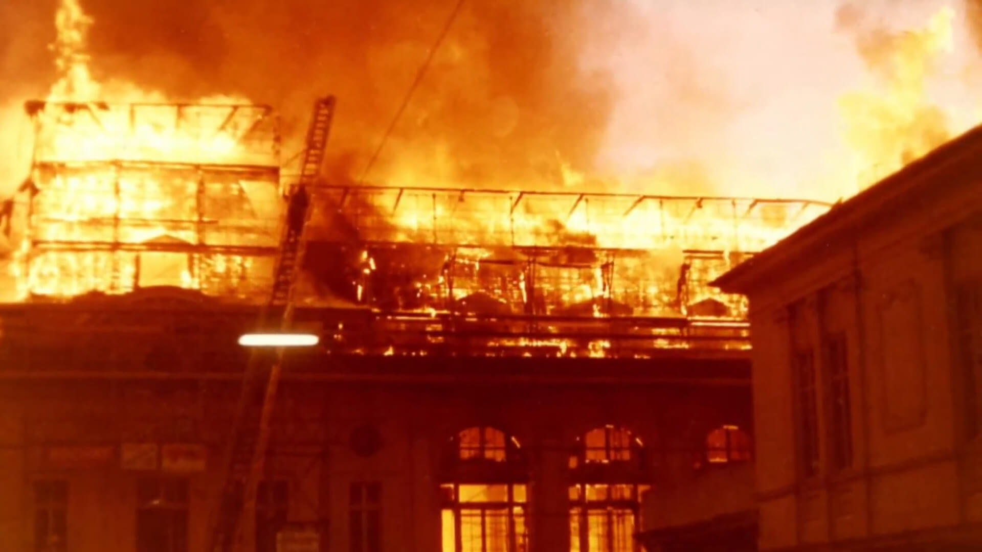 Montreux Casino engulfed in flames during the 1971 fire that inspired Deep Purple’s song Smoke on the Water