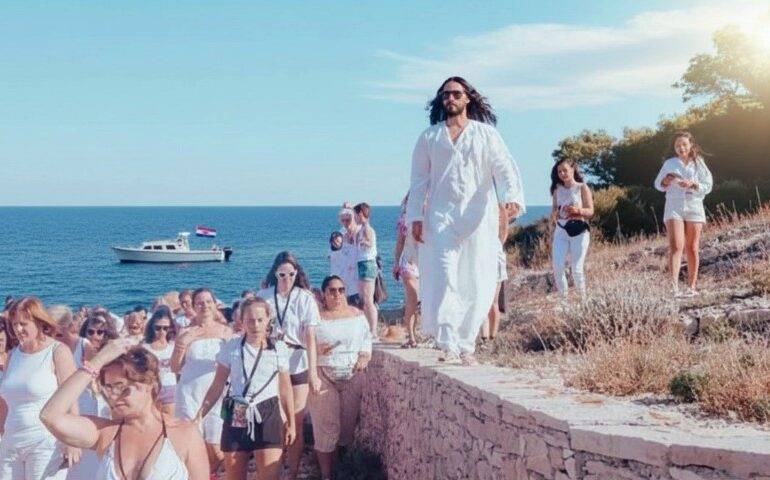 A person in a flowing white robe leads a group, all dressed in white, along a stone path by the sea