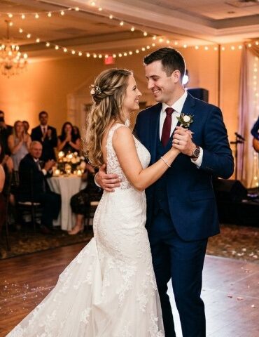 Best Songs For A Modern Wedding: Music Ideas Guests Will Enjoy A bride in a lace gown and groom in a navy suit share a joyful first dance