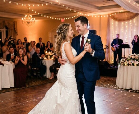 Best Songs For A Modern Wedding: Music Ideas Guests Will Enjoy A bride in a lace gown and groom in a navy suit share a joyful first dance